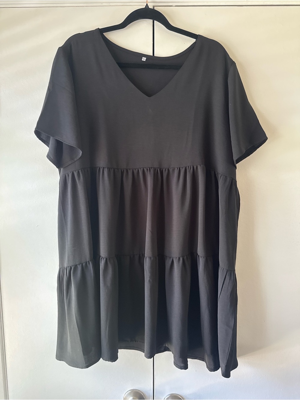 Black Tiered Babydoll Dress 2XL V Neck Flowy Short Sleeve Mini